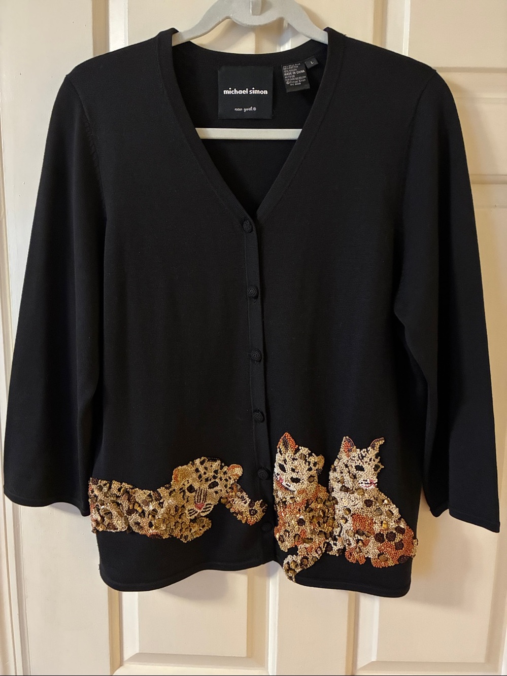 VTG 2002 Michael Simon Wrap Around Tail Beaded Cheetah Silk Blend Cardigan Large